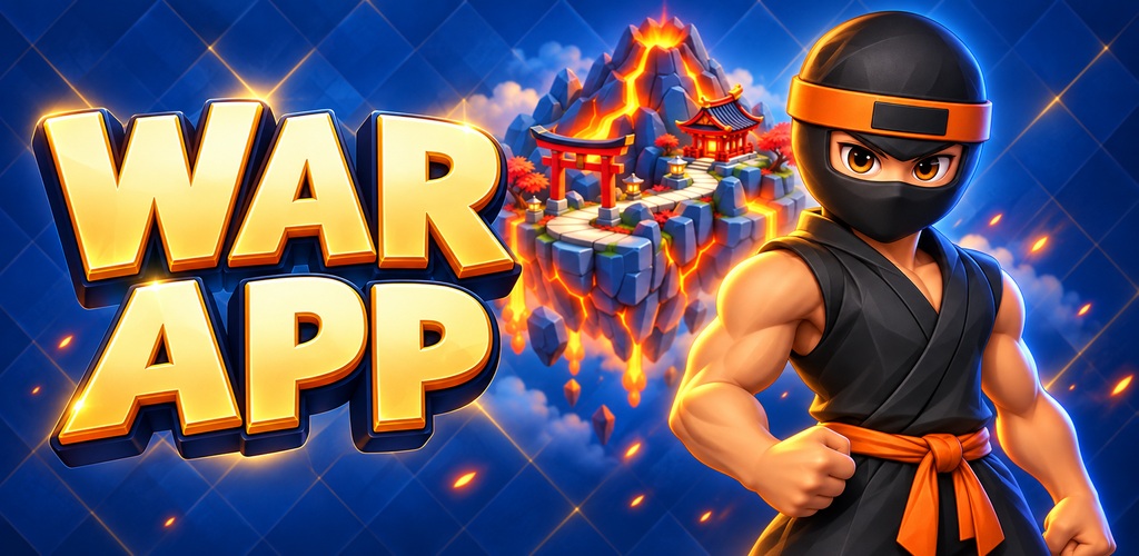 War App ninja in front of a volcanic sanctuary
